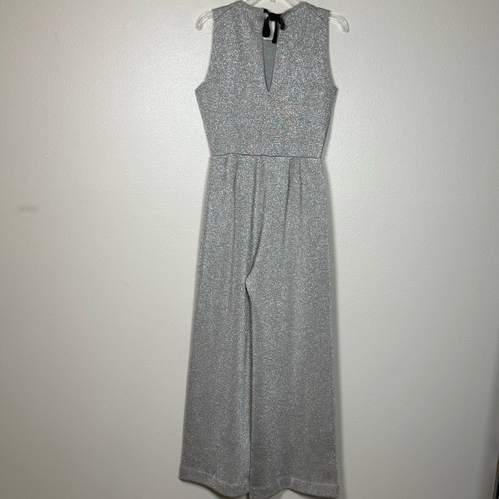 J Crew Wide Leg Jumpsuit Lurex Sm Metallic Silver Lined Stretch NYE Party Dressy - Picture 11 of 17